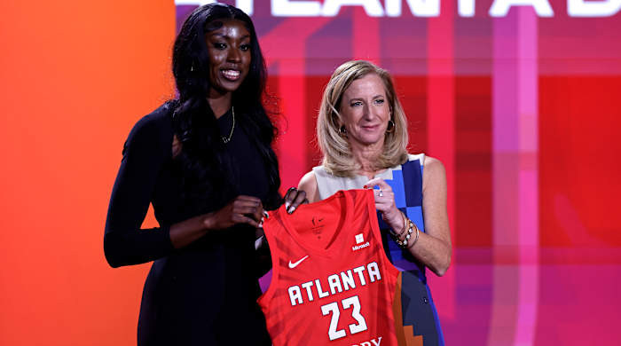South Carolina’s Laeticia Amihere poses for a photo with commissioner Cathy Engelbert after being selected by the Atlanta Dream at the 2023 WNBA draft.